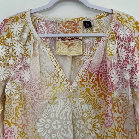 Robert Graham Embroidered Tunic Textured Floral Pink Yellow Ombre Top Size Small - Picture 2 of 11